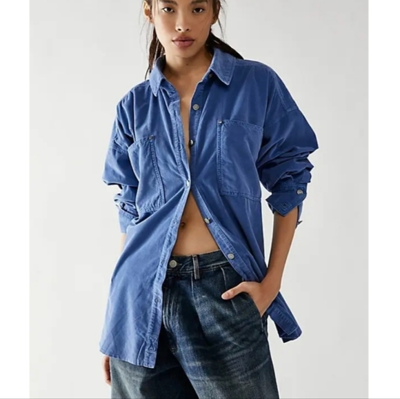 We The Free People Baby Cord Buttondown Shirt Electric Indigo Oversized Large - Picture 1 of 9